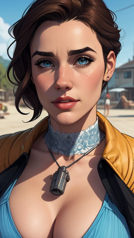 GTA female character the jeday style warrior armed with a 38 atompunk western style revolver Fallout 4 Jennifer Connelly le with war marks Cartoon image of a woman .Ilustra??o estilo desenho animado, estilo de arte dos desenhos animados, estilo de arte dos desenhos animados, digital illustration style, estilo atompunk design de personagens altamente detalhado, arte digital detalhada coragem, Forest fan art, Design de personagens de retrato, beautiful digital illustration, retrato de alta qualidade, Arte em quadrinhos, mulher jovem cabelo com transas lindas . Queen Anna of ArendelleBeautiful lined eyes Medium large bust and wonderful sexy clothes. image expression of sexual desire from waist to head illustration Queen Anne of Arendelle atompunk style Fallout 4 The perspective is from below, enfatizando a majestade e o poder da Gigante." armed with a 38 revolver western style with a 38 revolver in her hands jeday style warrior in summer clothes on the beach six medium small portrait mode waist up GTA