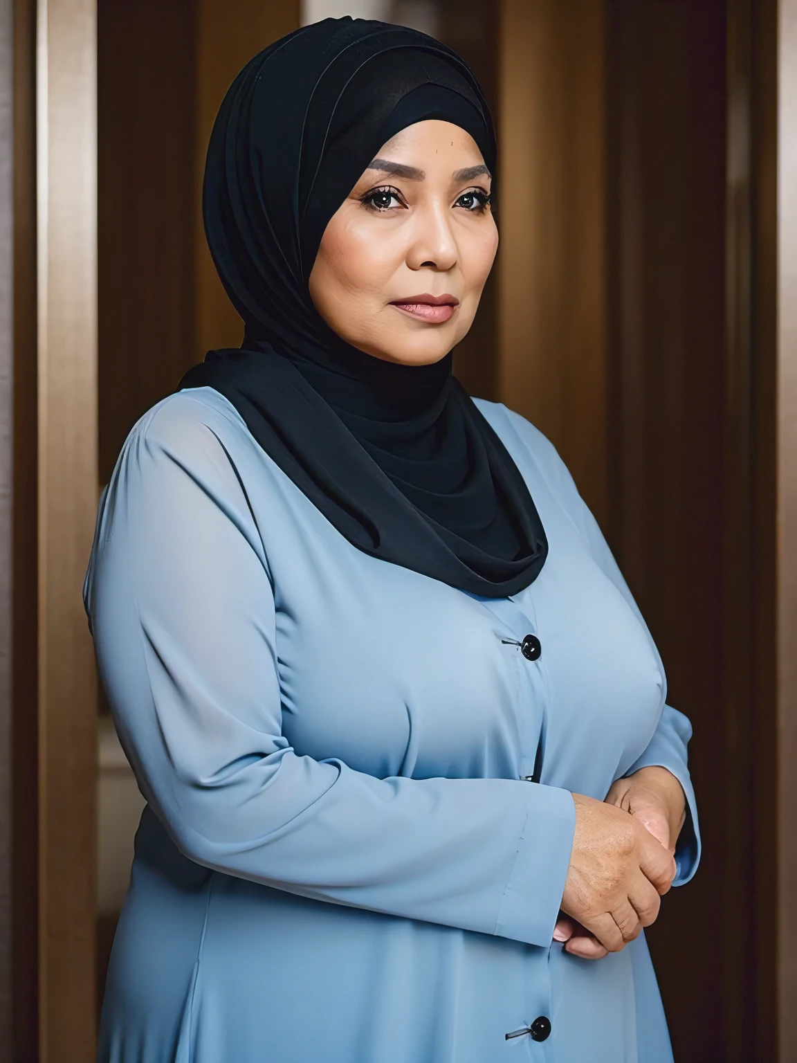 (Realistic) ((Hijab)) (real mature face) 68 Years old fat Brunei mature woman, sexy curvy, (sexy chubby body shape), Big : 34.9, half body - professional photography with excellent lighting