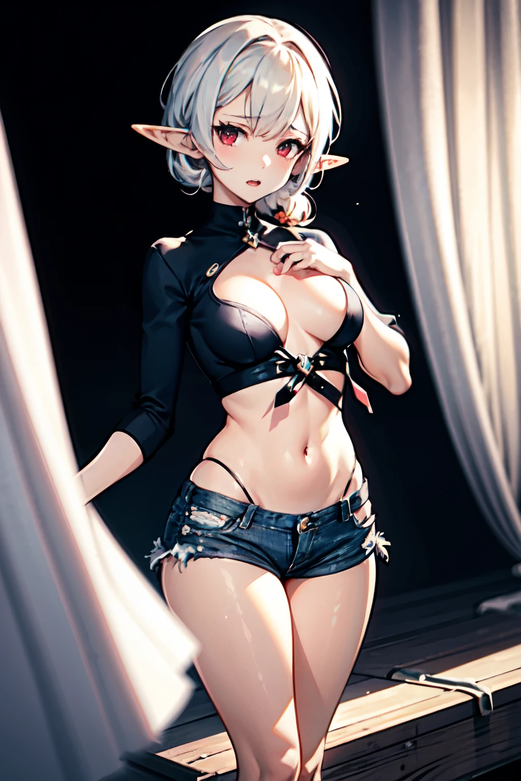 straight standing view in full growth of a young beautiful girl elf-vampire long ash hair red eyes serious facial expression dark open top on the chest denim shorts light Czechs cutout on the chest open breasts of the second size short legs in excellent quality