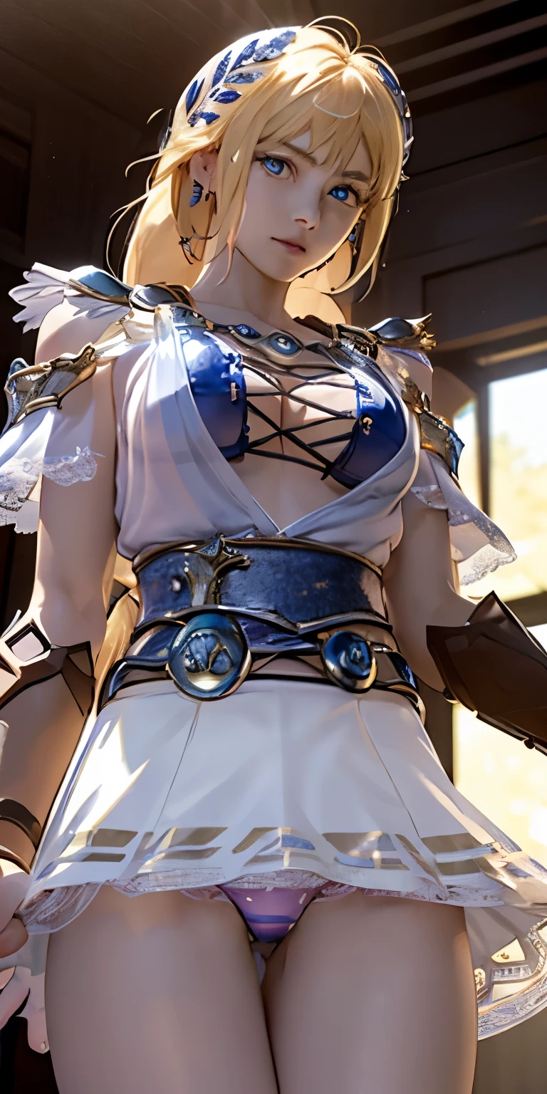 (masterpiece, best quality:1.3), Sophitia Alexandra, Soul Calibur, (from below:1.5), anime, intricate detail, japanese style, 28 years old, look at viewer, gold hair, braid hair, (evil look:1.5), (empty eyes, simple eyes, glowing red:1.5), (skirt lift by herself, showing panties:2.0), (ruins blessed by the god Hephaestus, filled with a mystical air, beautiful stars spread out in a mysterious arrangement in the dark midnight:1.2),
