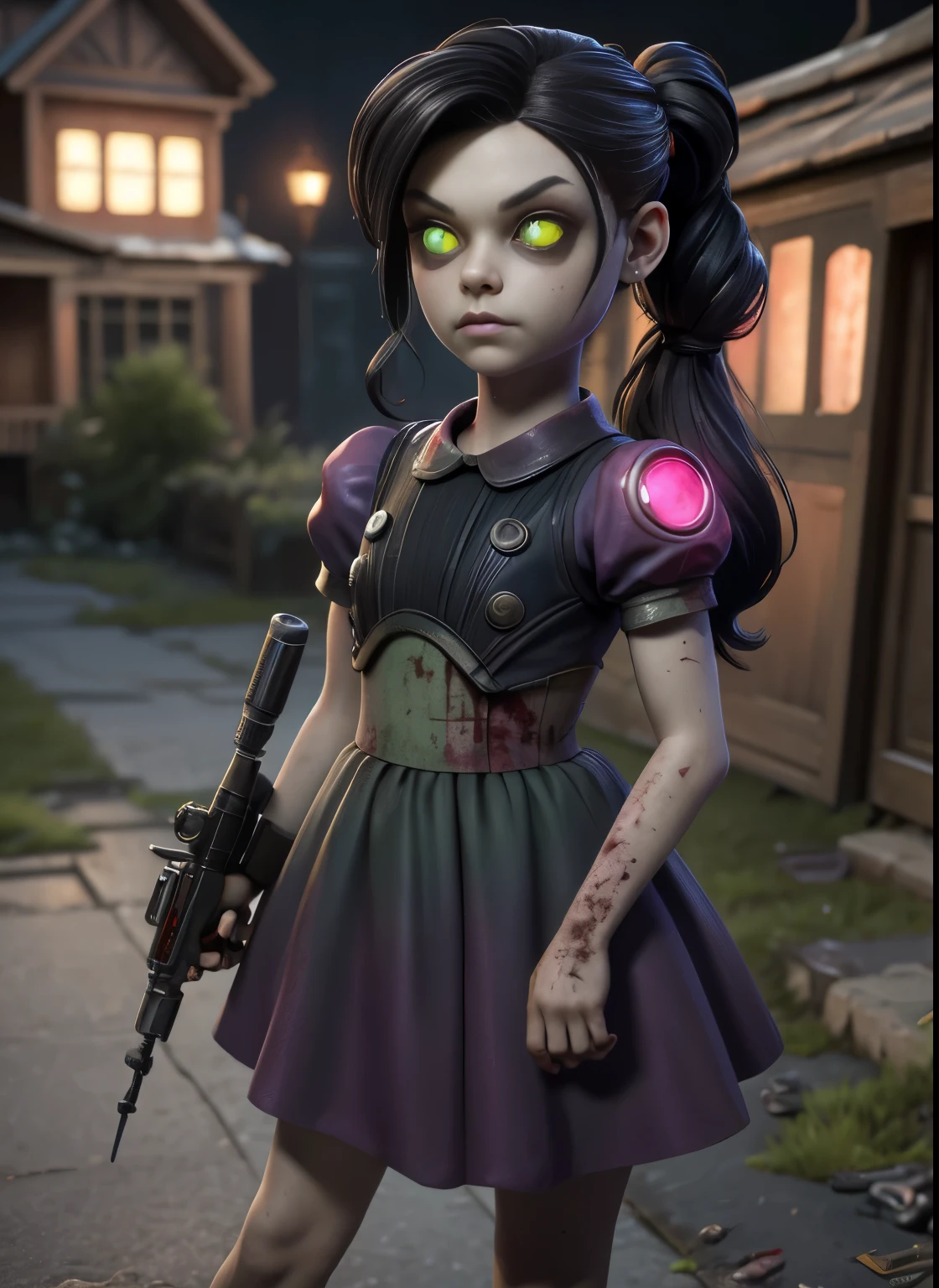 masterpiece, highres, an image of a beautiful cyberpunk  Mila Kunis fairy goth robot, green eyes, red wine hair best quality, 8k, best quality,grey skin,thin, ultra-detailed,1girl, , 6 years old, solo, 1girl, lilsis, dirty, blood, blood muddy dress, black hair, dress, horror \(theme\), solo, glowing eyes, creepycute, (house:1.4)