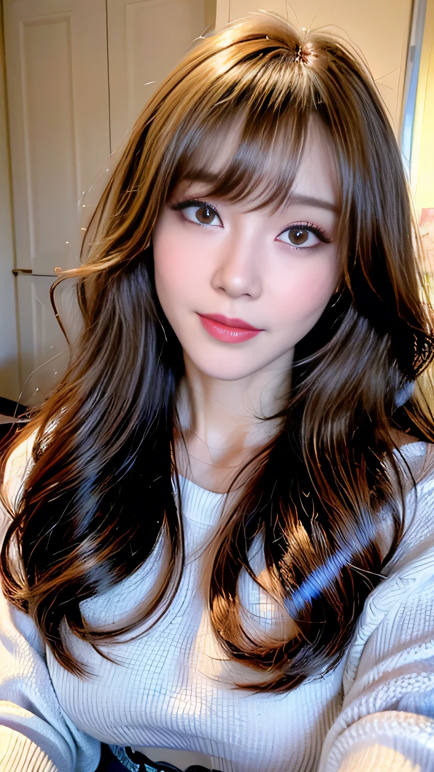 ((highest quality、8K、Masterpiece: 1.3))、concentrate: 1.2、Cute Girl 1、Nipple erection、Perfect beauty: 1.4、Striped drop shoulder sweater: 1.2、Long sleeve、Randall Color、Comics&Text Graphics、Black ruffle trim drawstring zip blouse、1.1、Highly detailed face and skin textures、fine grain、double eyelid、Whitening skin、highest quality、Ultra-high resolution、you、One girl、one person、_Shiny skin、Iris、necklace、Full body angle、Braless park walk ((Brown_length_Wavy_hair)),(lips))、eyelash、bangs、process、Correction、Shine、pores、Skin type、Big Breasts、smile、lively、Selfie