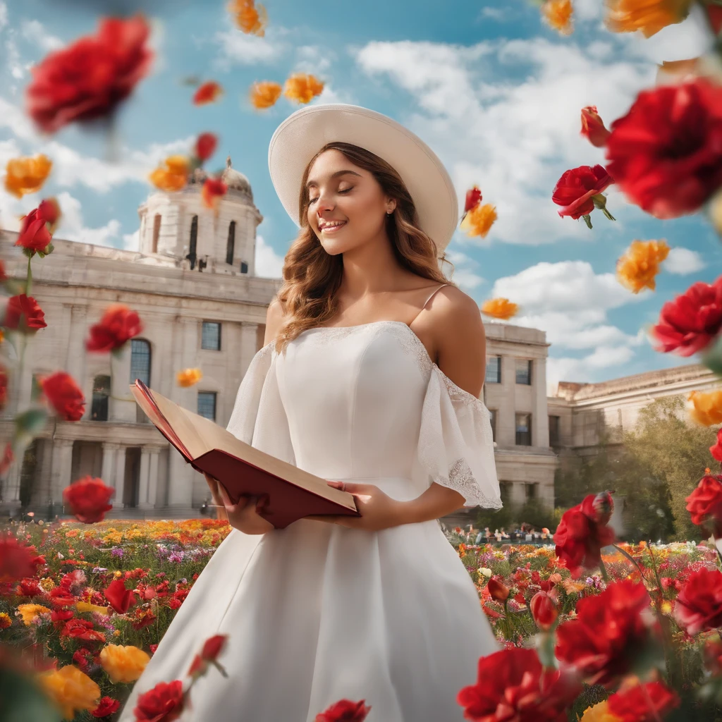 The most beautiful literature student on her graduation day in her graduation dress and hats flying in the white university sky with the words College of Arts and Languages written on it and flowers filling the place with their brilliant colors in a three-dimensional pattern.