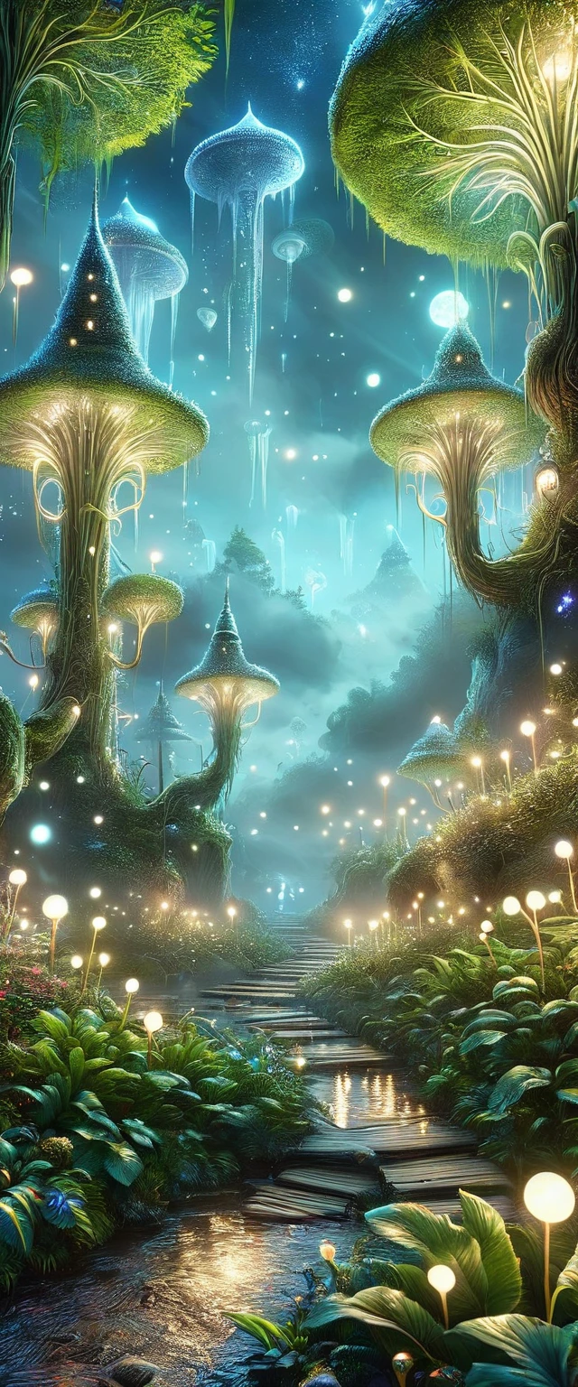 ((duendes: 1.5)), (Obra maestra), (mejor calidad: 1.0), (ultra high resolution: 1.0), detailed illustration, paisaje detallado, bosque , helechos, plantas, vibrante coloers, 8k, noche, nubes lunares, ((magical, hermoso: 1.4 )), ((mejor calidad, vibrante, 32k de luz y sombras bien definidas)).