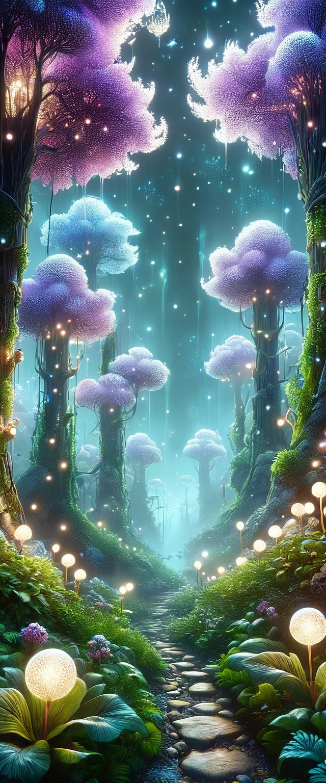 ((duendes: 1.5)), (Obra maestra), (mejor calidad: 1.0), (ultra high resolution: 1.0), detailed illustration, paisaje detallado, bosque , helechos, plantas, vibrante coloers, 8k, noche, nubes lunares, ((magical, hermoso: 1.4 )), ((mejor calidad, vibrante, 32k de luz y sombras bien definidas)).