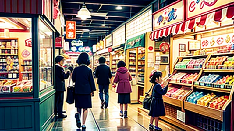 Showa candy shop、Japan candy shop、Sweets and snacks in the store、There are lots of things to play with and play equipment、kite、top、Menco、Marble。Playing、Surprise Ball、pistol、firework、balloon、Beigoma、Model、ミニカなどが並んでいるShowa candy shop、Children and an old woman shopping at a candy store、Children and an old woman shopping at a candy store、Children and an old woman shopping at a candy store、1960Around the age of、1970Around the age of、
