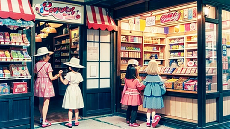 Showa candy shop、Japan candy shop、Sweets and snacks in the store、There are lots of things to play with and play equipment、kite、top、Menco、Marble。Playing、Surprise Ball、pistol、firework、balloon、Beigoma、Model、ミニカなどが並んでいるShowa candy shop、Children and an old woman shopping at a candy store、Children and an old woman shopping at a candy store、Children and an old woman shopping at a candy store、1960Around the age of、1970Around the age of、