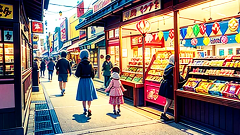 Showa candy shop、Japan candy shop、Sweets and snacks in the store、There are lots of things to play with and play equipment、kite、top、Menco、Marble。Playing、Surprise Ball、pistol、firework、balloon、Beigoma、Model、ミニカなどが並んでいるShowa candy shop、Children and an old woman shopping at a candy store、Children and an old woman shopping at a candy store、Children and an old woman shopping at a candy store、1960Around the age of、1970Around the age of、