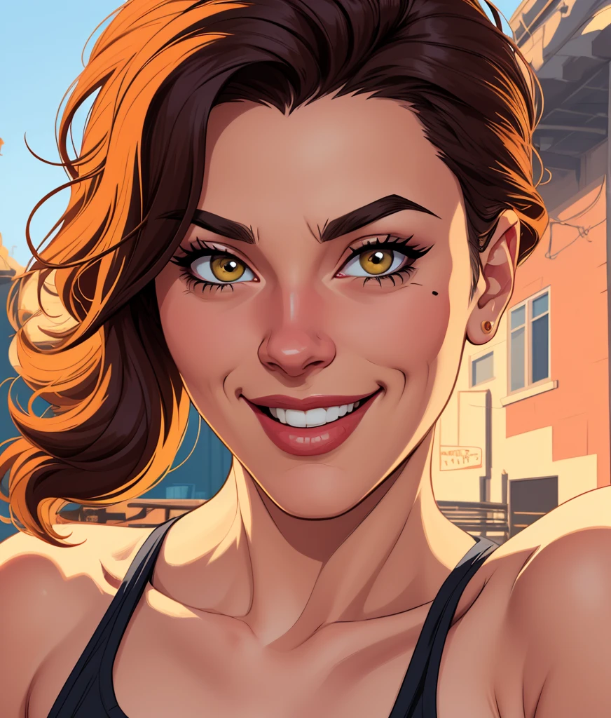 Xena princess GTA warrior sensual portrait mode sesys style Cartoon style digital illustration together boyfriends Cartoon style character portrait mode Character cartoon style facial expression happy beautiful smile and six medium small portrait mode waist up GTA 