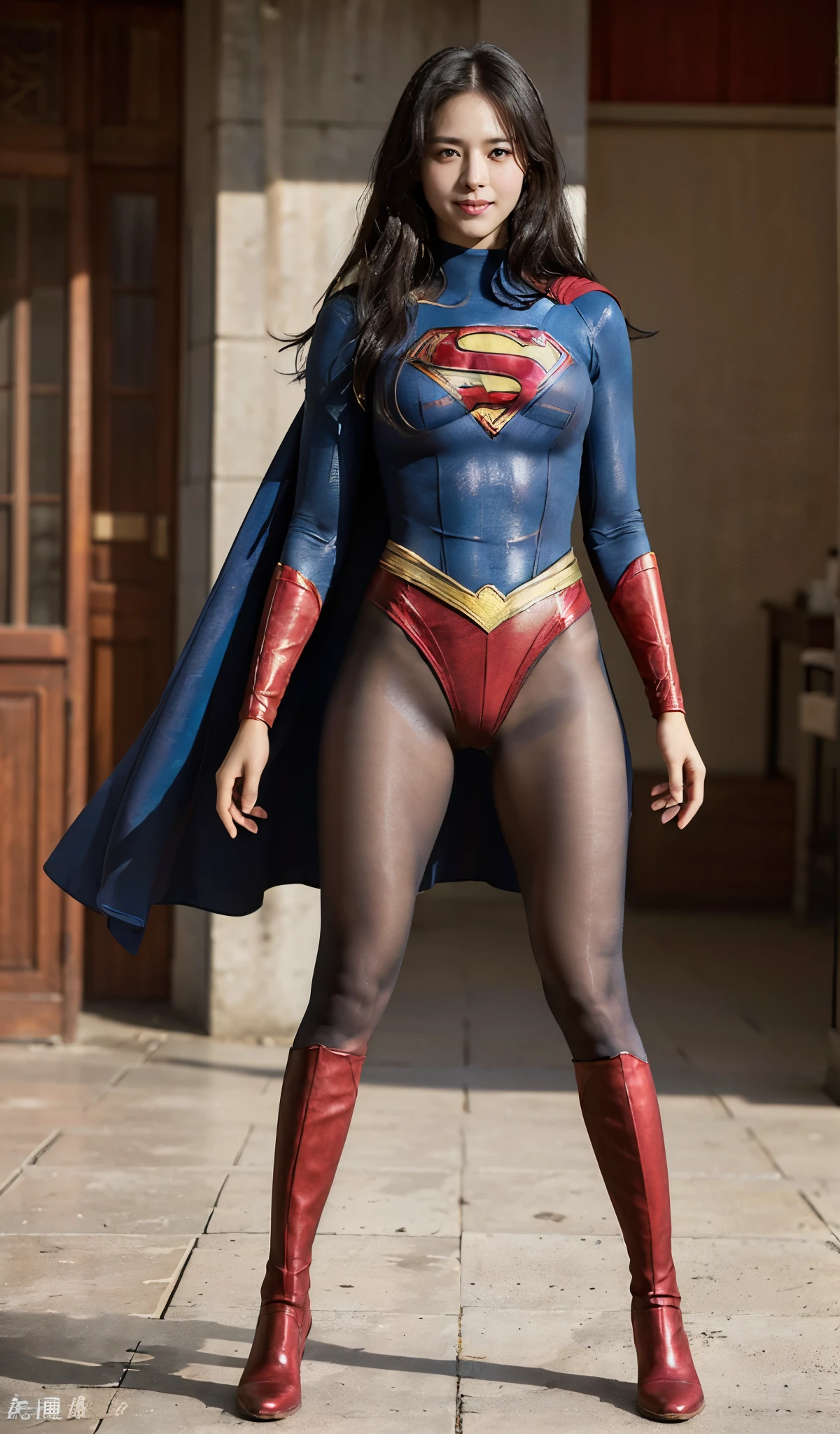 No background、(((Beautiful legs in black tights.)))、(((Legally express the beauty of your smile)))、((((Make the most of your original images)))、(((Supergirl Costume)))、(((Beautiful Hair)))、(((suffering)))、(((Please wear black tights....、Wear red boots)))、((Best image quality、8K))、((highest quality、8K、masterpiece:1.3))、(((Preserve background )))、Sharp focus:1.2、Beautiful woman with perfect figure:1.4、Thin abdominal muscles:1.2、Wet body:1.5、Highly detailed face and skin texture、8K