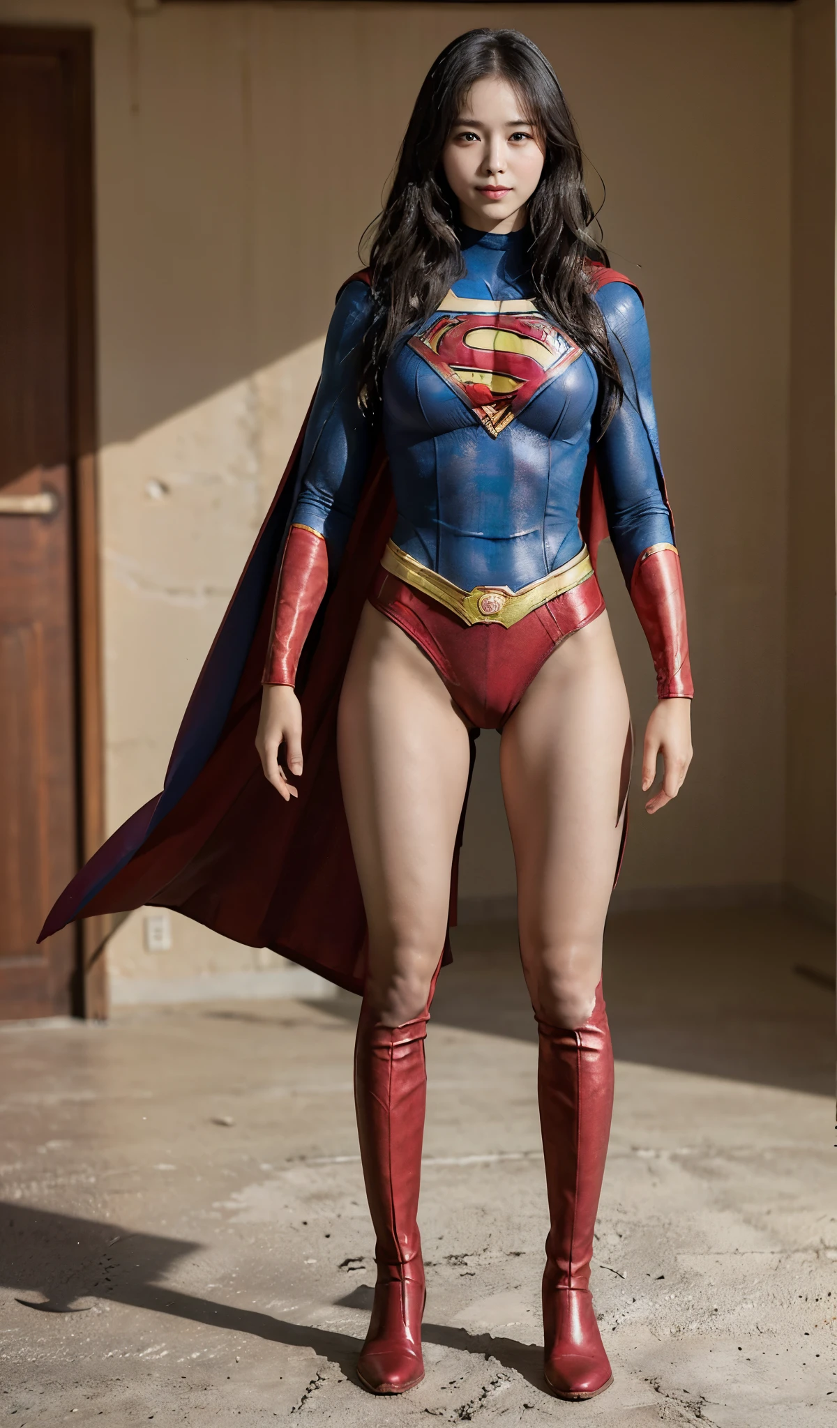No background、(((Beautiful legs in black tights.)))、(((Legally express the beauty of your smile)))、((((Make the most of your original images)))、(((Supergirl Costume)))、(((Beautiful Hair)))、(((suffering)))、(((Please wear black tights....、Wear red boots)))、((Best image quality、8K))、((highest quality、8K、masterpiece:1.3))、(((Preserve background )))、Sharp focus:1.2、Beautiful woman with perfect figure:1.4、Thin abdominal muscles:1.2、Wet body:1.5、Highly detailed face and skin texture、8K