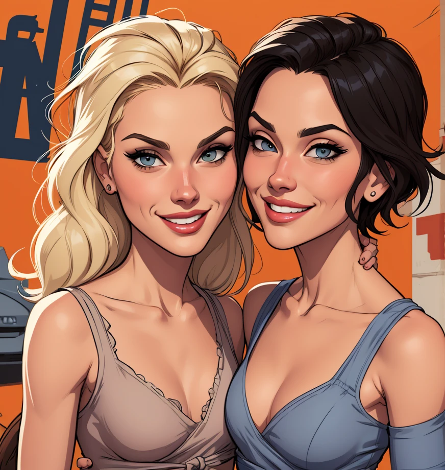 Xena princess gi wild GTA warrior sensual portrait mode sesys style Cartoon style digital illustration together boyfriends Cartoon style character portrait mode Cartoon style character facial expression happy beautiful smile and six medium small portrait mode waist up GTA 