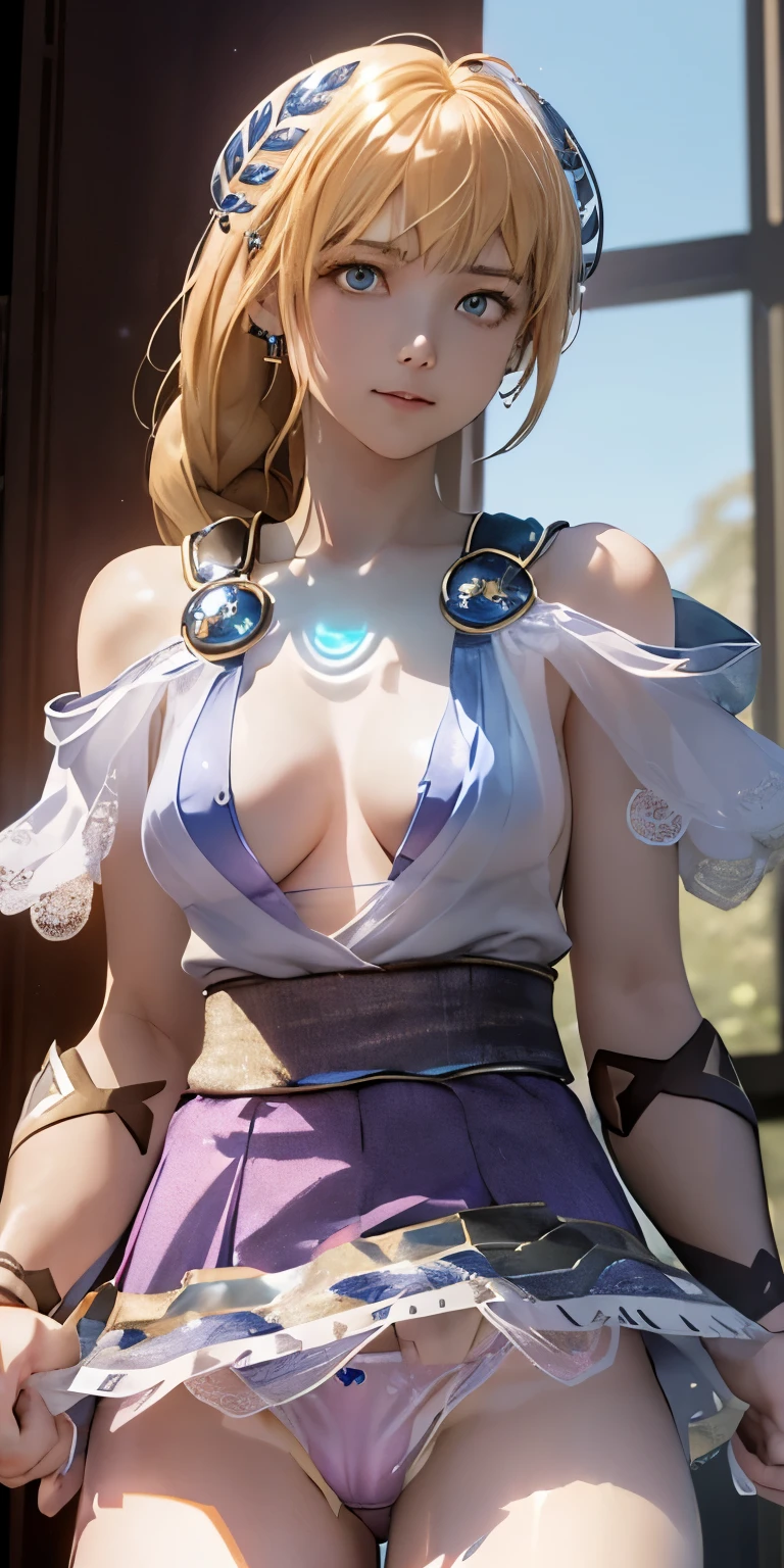 (masterpiece, best quality:1.3), Sophitia Alexandra, Soul Calibur, (from below:1.5), anime, intricate detail, japanese style, 28 years old, look at viewer, gold hair, braid hair, (evil look:1.5), (empty eyes, simple eyes, glowing red:1.5), (skirt lift by herself, showing panties:2.0), (ruins blessed by the god Hephaestus, filled with a mystical air, beautiful stars spread out in a mysterious arrangement in the dark midnight:1.2),