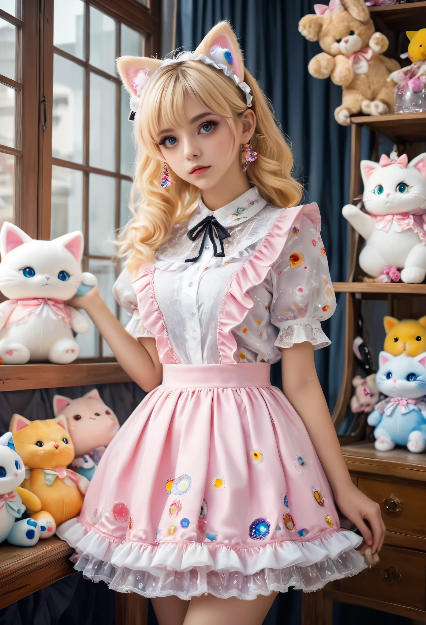 Millefiori glass style,exquisite details, 8k Photo, Surrealism, Professional lighting, realistic background, visual depth, blur background, Wide-angle lens, whole body, (13 years old, Lovely, Change, flat chest, Cat ears), 1 Girl, Colored eyes, Blonde hair, (Lolita Fashion: 1.5), (Lace, Ruffled shirt, White petticoat, sports shoes), (plush toys), pink Lovely backpack, street, Fashion