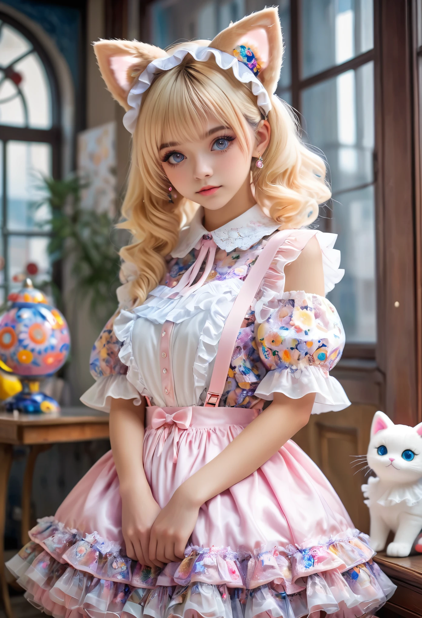 Millefiori glass style,exquisite details, 8k Photo, Surrealism, Professional lighting, realistic background, visual depth, blur background, Wide-angle lens, whole body, (13 years old, Lovely, Change, flat chest, Cat ears), 1 Girl, Colored eyes, Blonde hair, (Lolita Fashion: 1.5), (Lace, Ruffled shirt, White petticoat, sports shoes), (plush toys), pink Lovely backpack, street, Fashion