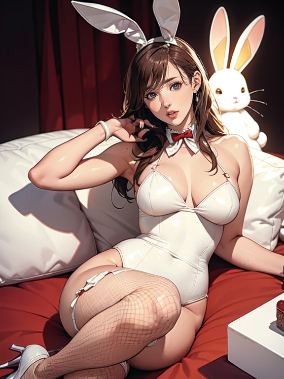 {{masterpiece、highest quality、(((Realistic、Realistic:1.37)))、8K quality、Very delicate and beautiful、wonderful、Large file size、Very detailed、Very detailed、Cinema Lighting}}、Bunny girl wearing a light red leather bunny mask on her face、Two bunny girls serving customers、She captivates the drinkers with her impressive figure.、Wearing a light red Playboy-style bunny suit、Wearing a light red bunny suit made of genuine leather、White lace-decorated fishnet stockings、Comes with a decorative tail that resembles a rabbit&#39;s tail on the buttocks、A shelf with many sake bottles displayed at the counter seats、The chic chandelier creates a moody atmosphere.、A stylish bunny girl bar with stone walls、((A social gathering for perverted gentlemen))、Many drinkers and spectators