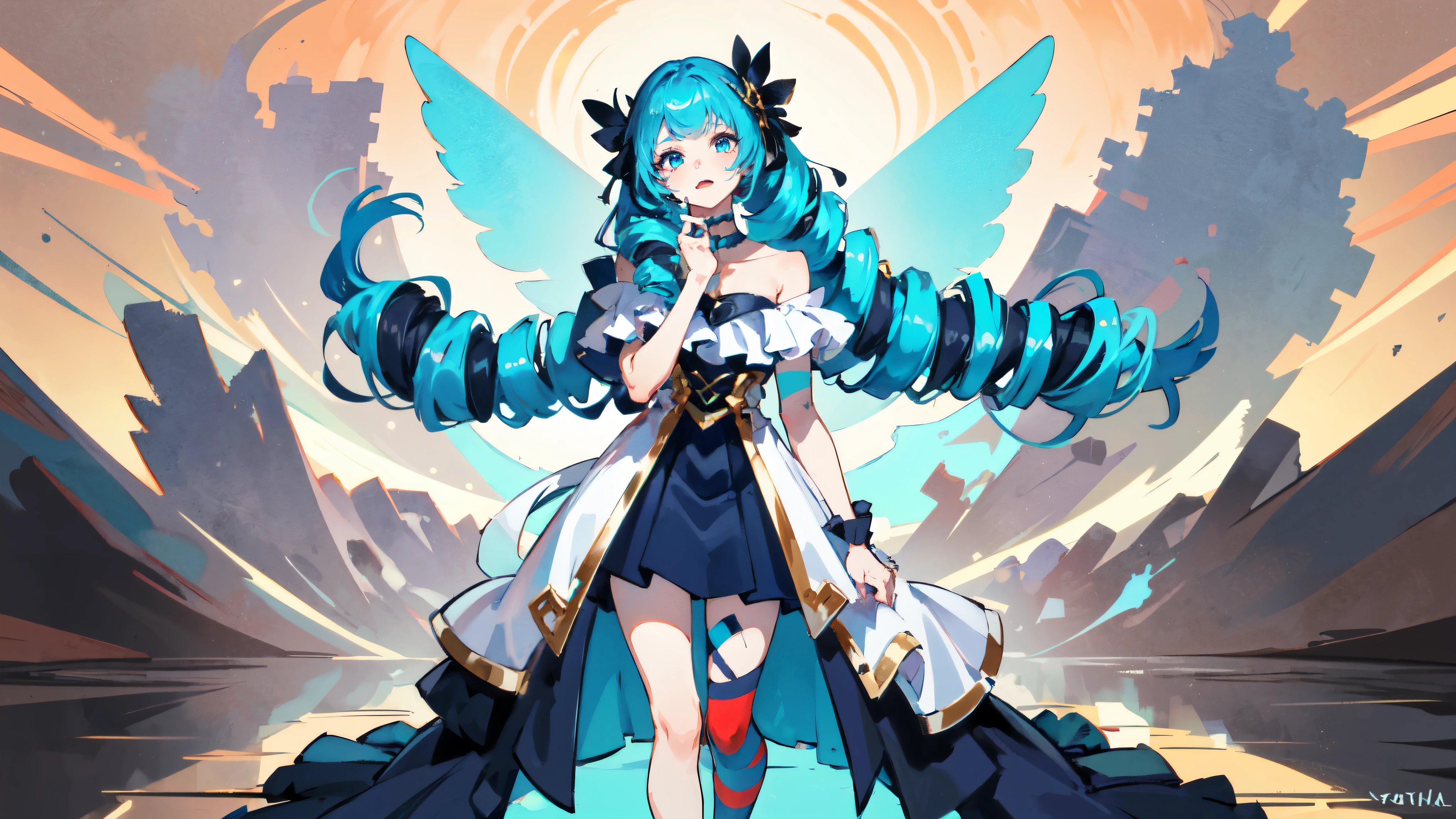 1 woman,alone, Masterpiece, best quality,full body shot,(Young woman wearing a clown costume:1.8),expression,(There is heavy makeup on the face.:1.8),Eerie laughter,perfect lighting, double tail, piercing hair, blue hair, blue eyes, Gwen,