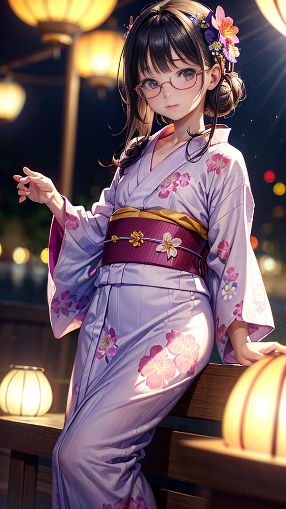 (masterpiece, highest quality:1.4), Beautiful Face, 8k, 85mm, Absurd, (Floral Yukata:1.4), Face close-up, violet, Gardenia, Delicate girl, alone, night, View audience, Upper Body, Film Grain, chromatic aberration, Sharp focus, Face Light, Professional Lighting, Sophisticated, (smile:0.4), (Simple Background, Bokeh Background:1.2), detailed aspects,(((Showing one nipple:0.57))),((Very young and young, very small, very flat chested:1.2),(Pink glasses and a flower in her hair:1),((((Show your vagina:1)))),