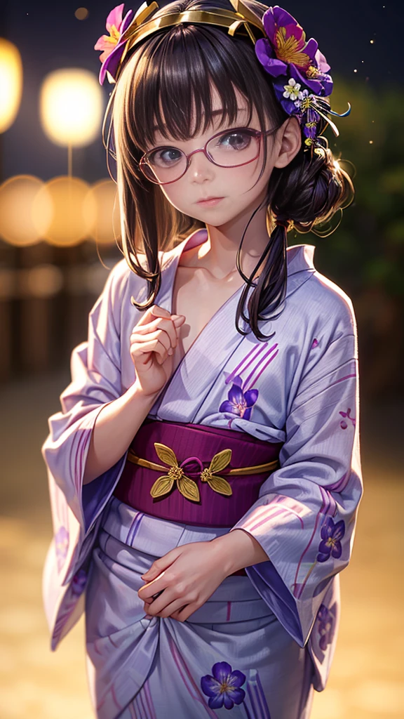 (masterpiece, highest quality:1.4), Beautiful Face, 8k, 85mm, Absurd, (Floral Yukata:1.4), Face close-up, violet, Gardenia, Delicate girl, alone, night, View audience, Upper Body, Film Grain, chromatic aberration, Sharp focus, Face Light, Professional Lighting, Sophisticated, (smile:0.4), (Simple Background, Bokeh Background:1.2), detailed aspects,(((Showing one nipple:0.57))),((Very young and young, very small, very flat chested:1.2),(Pink glasses and a flower in her hair:1),((((Show your vagina:1)))),
