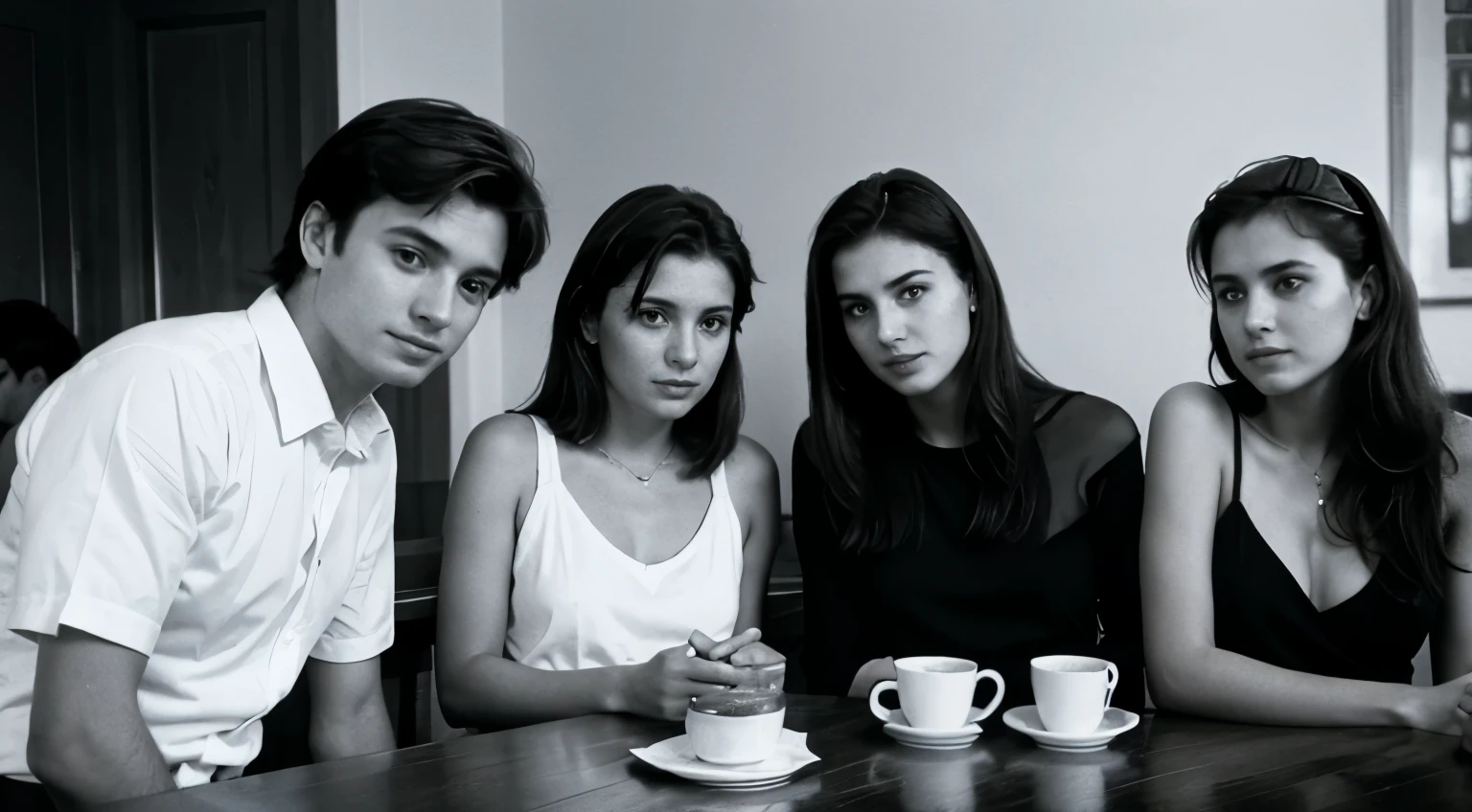 Friends, 5 people, sitting at the table, Russian guys and girls, 1990, black and white photo