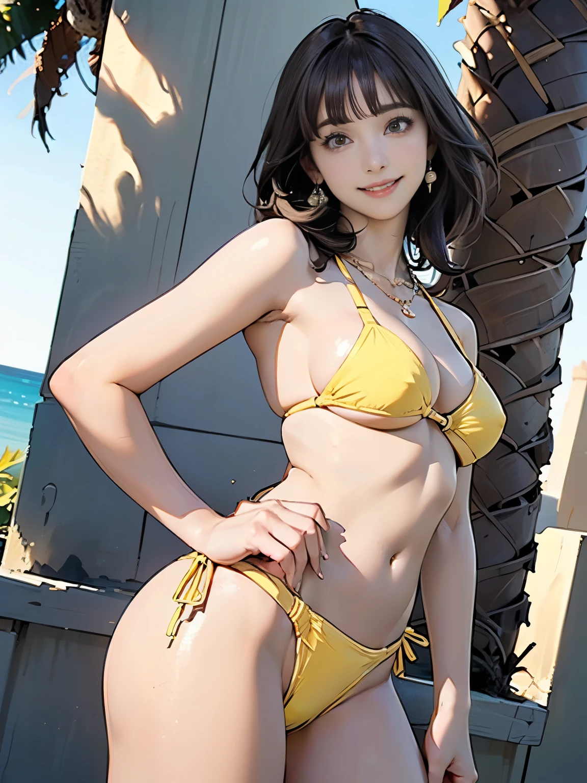((((highest quality))))、(((Ultra-precision CG16K wallpaper)))、(((masterpiece)))、(((Super detailed)))、(((Extreme detail)))、((1Mature 29 year old woman:1.6))、((Very beautiful Japanese faces))、((Yua Mikami:1.5))、((Straight medium hair、blunt bangs:1.5))、(Shiny brown hair)、Beautiful delicate brown eyes、eyeliner、eye shadow、High nose、Small nostrils、Small Mouth、Seductive lips、Beautiful breasts、((C cup size breasts))、Cleavage、Voluptuous body、eight-headed body、Perfect proportions、Perfect Anatomy、Perfect composition、Beautiful detailed shading、Beautiful, natural lighting、Beautiful detail glow、Depth of written boundary、(((High chroma)))、(((Real:1.9)))、((vivid:1.5))、((Beautiful Skin))、((Skin Texture))、((Realな皮膚感))、(((Cowboy Shot:1.6)))、((Front view、Front low angle:1.6))、(((Smile:1.7)))、(Woman is facing the front:1.6)、Bright daylight、Natural light、(((coastal、Palm tree:1.5)))、(Gravure model pose:1.5)、(((Light yellow bikini swimsuit:1.6)))、((Earrings、Wearing a necklace:1.3))、