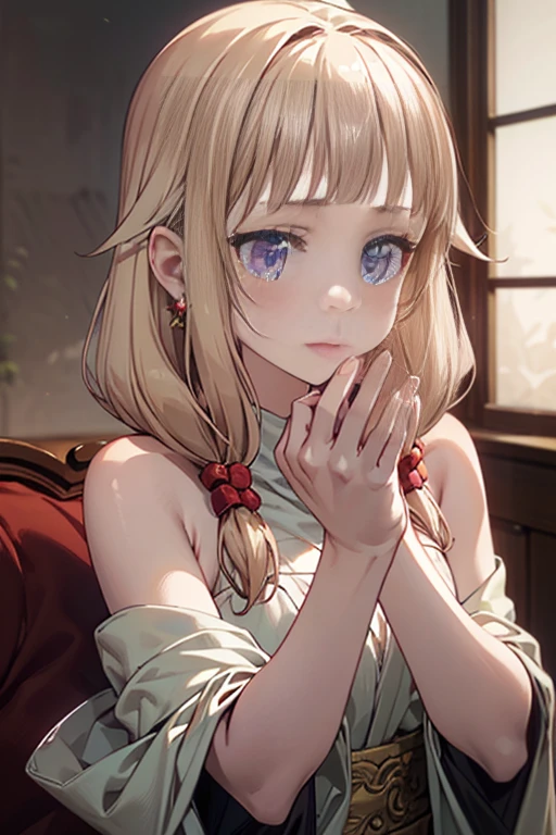 (Thynasha:1.2),(masterpiece:1.2), best quality, high resolution, unity 8k wallpaper, (illustration:0.8), (beautiful detailed eyes:1.0), extremely detailed face, perfect lighting, extremely detailed CG, (perfect hands, perfect anatomy),(1girl:1.0), (solo:1.0),very long hair,purple eyes, earrings,bare shoulders,