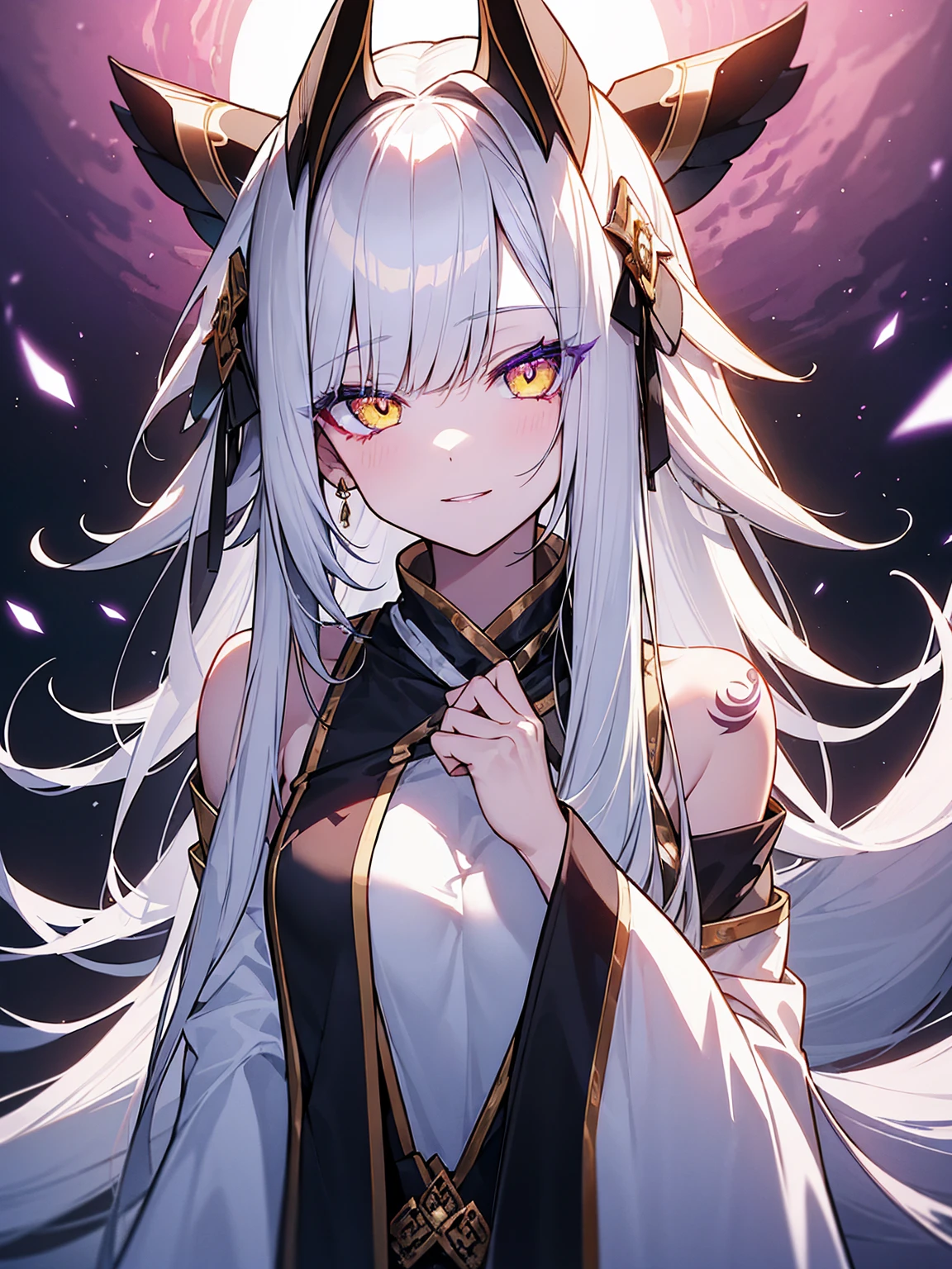 High resolution、highest quality、4K、bangs、Long white hair、Tattoos on the face、Slanted Eyes、Purple lipstick、Glowing yellow eyes、Pale skin、nine tailed fox、9The Fox's Tailを持つ少女、Purple Oiran、Big white fox ears、Large Breasts、Cleavage、Bad Smile、attack、Blue Flame、指先からBlue Flame、Full moon night、Full Body、flying、Super detailed、9The Fox's Tail