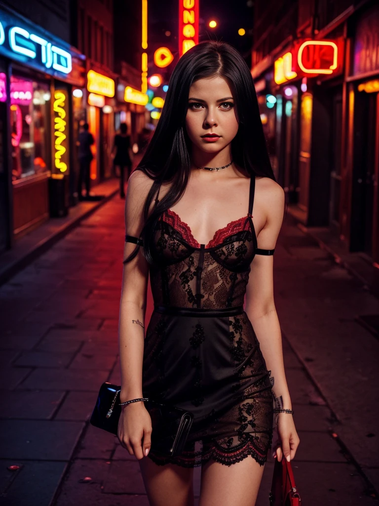 
1 person, beautiful young 16 year old Avril Lavigne as a beautiful teenage model, black hair, shiny eyes, beautiful sensual look, looks at the viewer, full lips, red lipstick, black eyelashes, full makeup, slim, skinny legs, small breasts, red simple lace dress (lace dress with straps) red panties, in a dangerous district of the city, night ((street at night, neon lights, dangerous district of the city)), night, red neon lights.