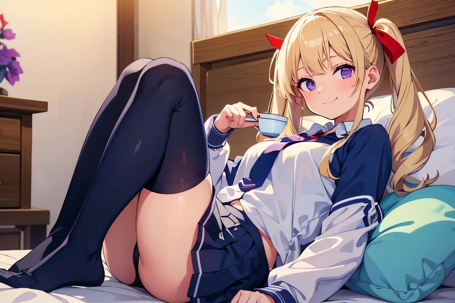 Studio Apartment Rooms Middle school girl, , gal, A cup breasts, blonde, long pigtails, red ribbon in pigtails, purple eyes ((one person)) Smiling face, white long sleeve blouse on top, navy blue mini skirt on bottom, blue tie, white with light blue horizontal stripes, black socks, Otaku's room Lying in bed Open your legs a little((I can see her panties)) Angle from the feet Dynamic Angle Low - Angle