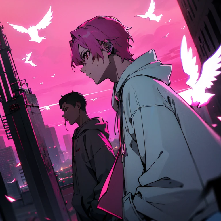 (Best quality), (masterpiece), (Super detailed), (Shortcuts), (Two-block hair), (Bright pink hair), (Red Eyes), (Cool pose), (Oversized hoodie), (Street Style), (neon), (Modern City), (neonデイライト), (Cinematic), (Stylish), (High resolution), (Hyper-detailed), (Soft Town), (Nightcore), (a handsome guy), (The natural look of the building), (IG Studio Anime Style), (Low - Angle), (Visualize), (Wear headphones), (Doves are flying),