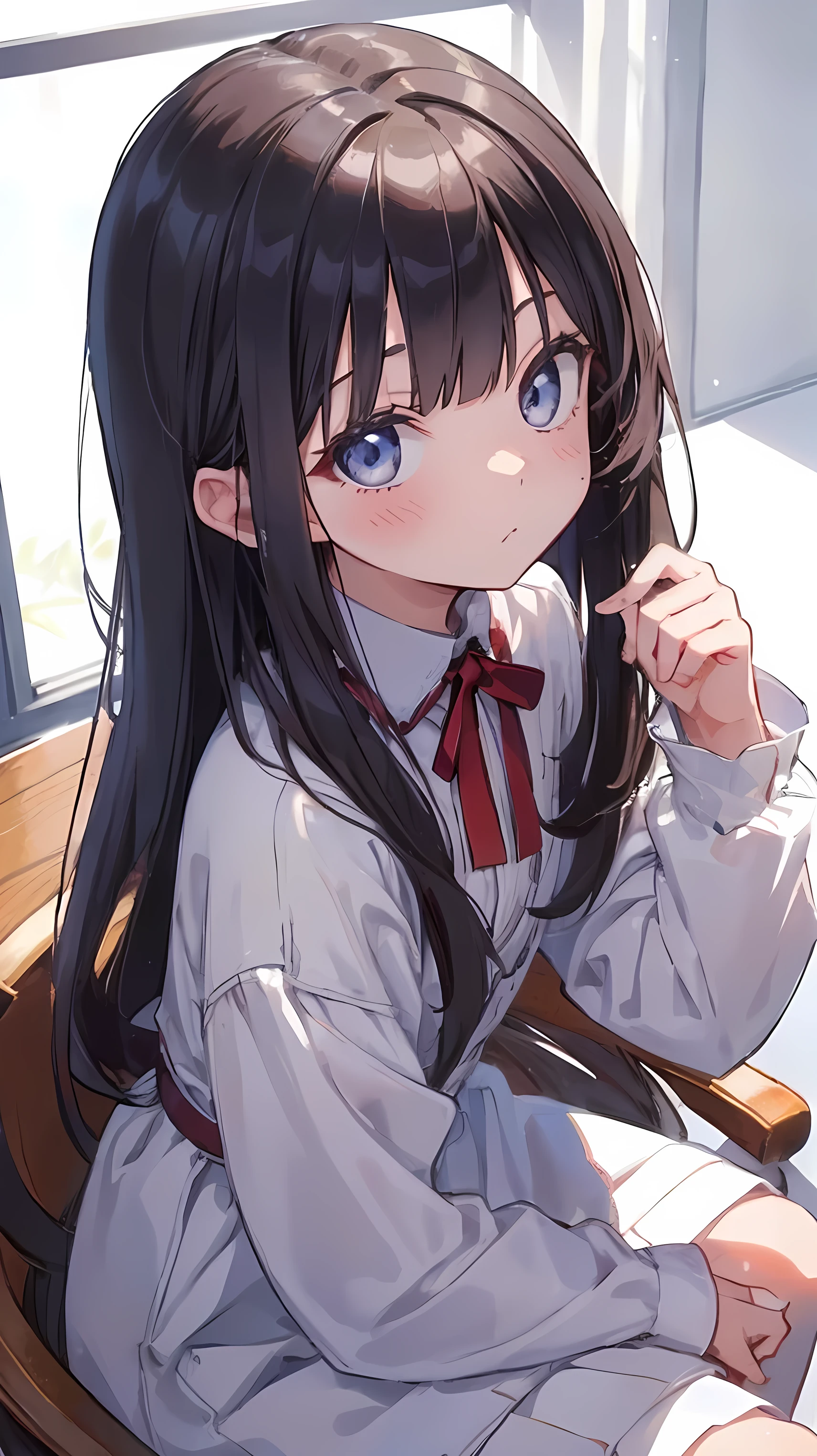 Masterpiece、Highest quality、highest quality、(((Lori)))、 ((((Petite))))、Shiny hair quality、Small face、Sitting、Super detailed, beautiful, wide eyes、Ultra-detailed, clear and beautiful faces、(cute illustration:1.2), High-resolution, ultra-detailed, best quality, embarrassed 