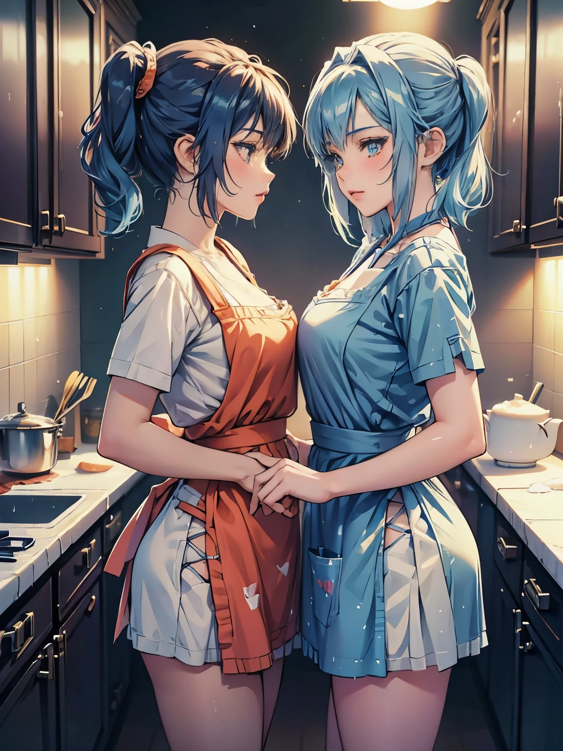 two anime teens womans kissing, the woman of the right is blue hair and the woman of the left is orange, cartoon american style, Background kitchen, sweetheart blouse, apron, sexy