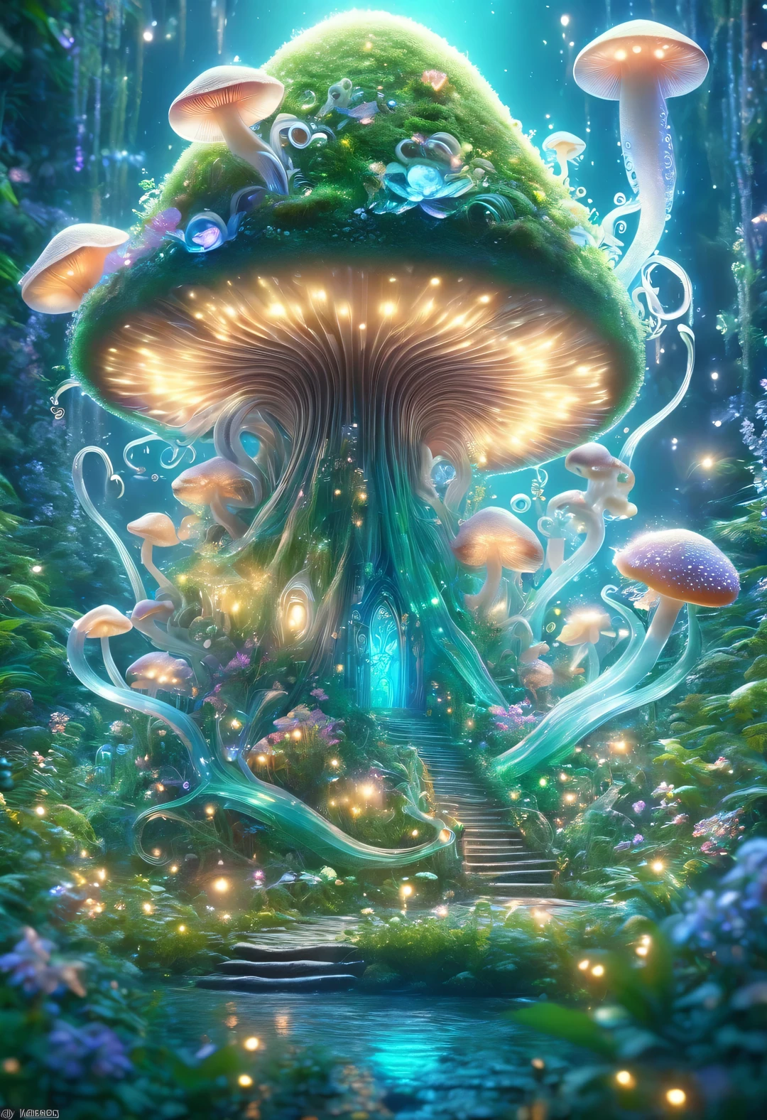 in a magiaal forest of lush idyllic, exotic green plants and lush flowers, Filtraciones de agua cristalina: 1.2, ((Small creature with mushroom and octopus features on top., Beeple y Jeremías Ketner, an alien mushroom with tentacles: 1.7)), muy hermosa y linda:1.3, detailed small eyes, y boca fina, demasiado lindo, fancy, magia, mythological, cuento de hadas, magia tale, antecedentes detallados, Global lighting:1.2, heavenly illumination:1.2, al magia lighting, Iluminar desde el fondo, , stylized 3d rendering, Pitido de renderizado 3D, Ilustraciones digitales 4K muy detalladas, Ilustraciones diarias de Beeple, Lindas ilustraciones digitales detalladas, Ilustraciones digitales 3D detalladas, Ilustraciones detalladas de alta calidad 8K, State of the Art Autodesk Maya VFX, Post-production