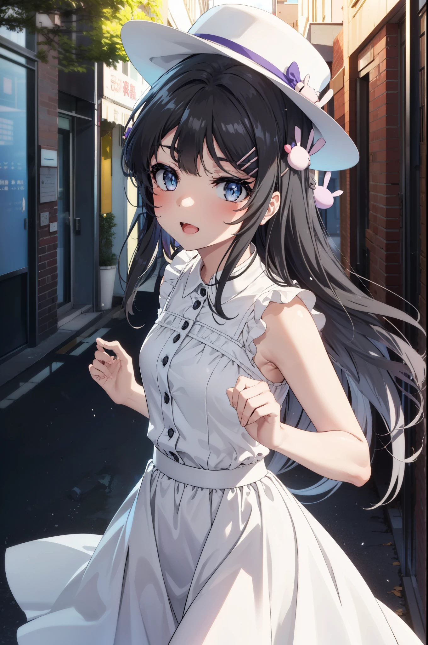 maisakurajima, Mai Sakurajima, Long Hair, bangs, (Black Hair:1.5), hair ornaments, (Purple eyes:1.1), Hair Clip, rabbit hair ornaments,time Daytime,sunny,Light of the sun,
happy smile, smile, Open your mouth,blush,White hat,Sleeveless dress,Long skirt,Cute heeled sandals,Clear skies,Daytime break looking at viewer,whole body, (Cowboy Shot:1. 5) , break outdoors, Building district,In town, break (masterpiece:1.2), highest quality, High resolution, unity 8k wallpaper, (shape:0.8), (Beautiful and beautiful eyes:1.6), Highly detailed face, Perfect lighting, Highly detailed CG, (Perfect hands, Perfect Anatomy),