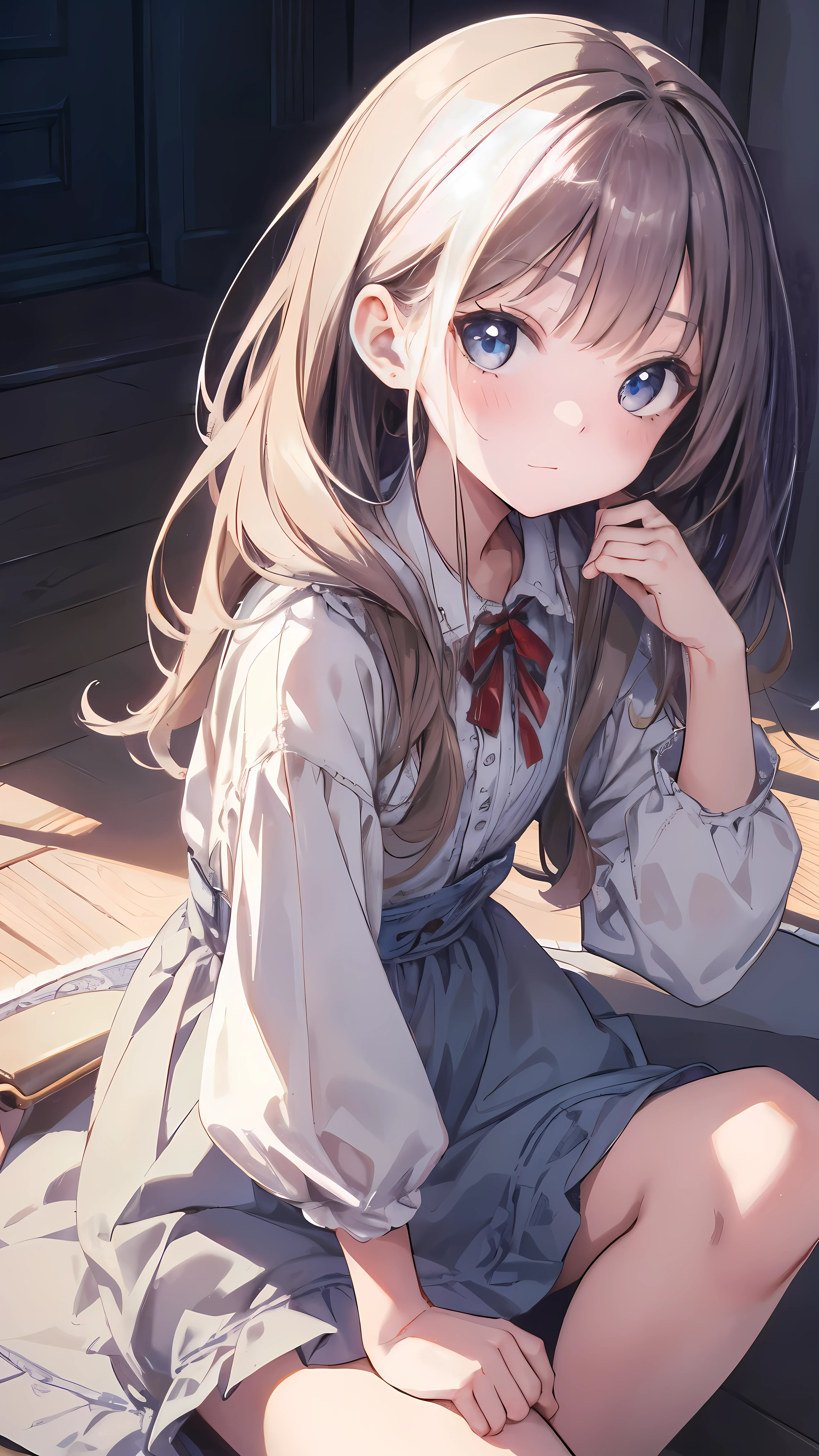 Masterpiece、Highest quality、highest quality、(((Lori)))、 ((((Petite))))、Shiny hair quality、Small face、Sitting、Super detailed, beautiful, wide eyes、Ultra-detailed, clear and beautiful faces、(cute illustration:1.2), High-resolution, ultra-detailed, best quality, embarrassed
