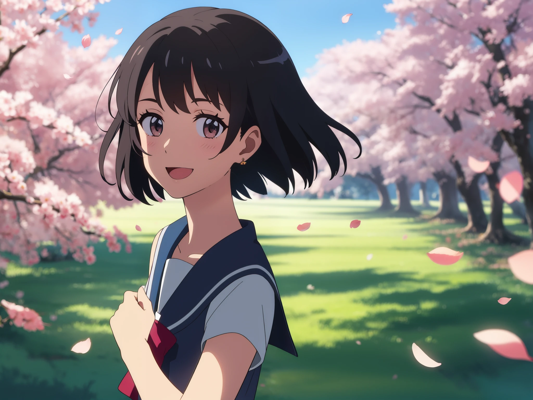 shinkai makoto, kimi no na wa., 1girl, bangs, black hair, blush, brown eyes, shiny skin, red headband, red bow, red ribbon, blue sailor collar, blue sailor color, blue skirt, short hair, smile, cute, solo, happy, open mouth, :D. beautiful, looking at the viewer, short sleeves, earrings, cherry_blossoms, falling_petals, petals, branch, pink_flower, blue_sky, sunlight, spring_season, wind, tree, upper body portrait