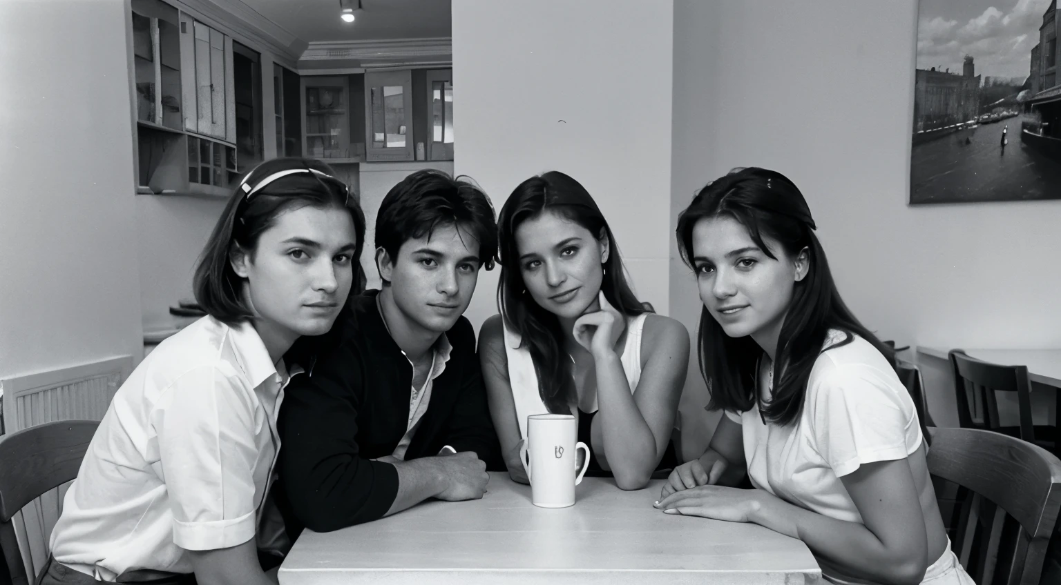 Friends, 5 people, sitting at the table, Russian guys and girls, 1990, black and white photo