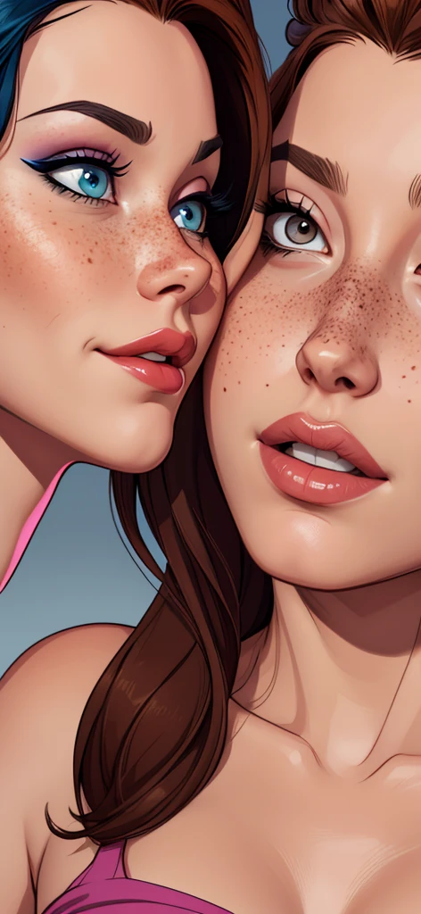 Beautiful GTa style pose in portrait mode Cartoon character in dynamic pose two women together with freckles on their faces Disney princess Queen Anna of Arendelle with 1,60cm on the left and along with a symmetrical body and beautiful breasts, corpo bem definido, delicado e sensual, estilo de desenho animado, digital illustration GTA style portrait mode