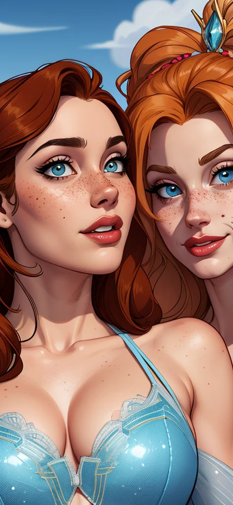 Beautiful GTa style pose in portrait mode Cartoon character in dynamic pose two women together with freckles on their faces Disney princess Queen Anna of Arendelle with 1,60cm on the left and along with a symmetrical body and beautiful breasts, corpo bem definido, delicado e sensual, estilo de desenho animado, digital illustration GTA style portrait mode