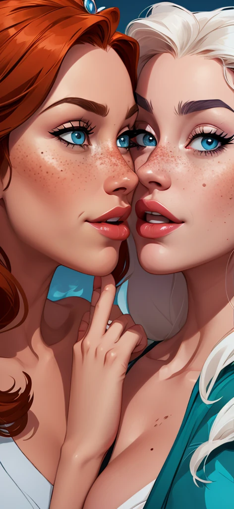 Beautiful GTa style pose in portrait mode Cartoon character in dynamic pose two women together with freckles on their faces Disney princess Queen Anna of Arendelle with 1,60cm on the left and along with a symmetrical body and beautiful breasts, corpo bem definido, delicado e sensual, estilo de desenho animado, digital illustration GTA style portrait mode