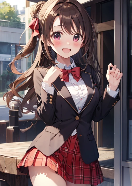 shimamura uzuki  (Idol Master), (highest quality, 8k, masterpiece, Very detailed:1.2), (Lens flare, Particles of light, Shine), Big Breasts, smile, Open your mouth, masterpiece, highest quality, Very detailed, High resolution, Very detailedなCG, , Red bow tie, blazer, Brown jacket, Long sleeve, Check skirt, Red Skirt , Embarrassing:1.1), (blush:1.2),  Open your mouth, (shout:1.1), (Moving lines:1.1), masterpiece, highest quality, Very detailed, High resolution, Very detailedなCG, Official Art