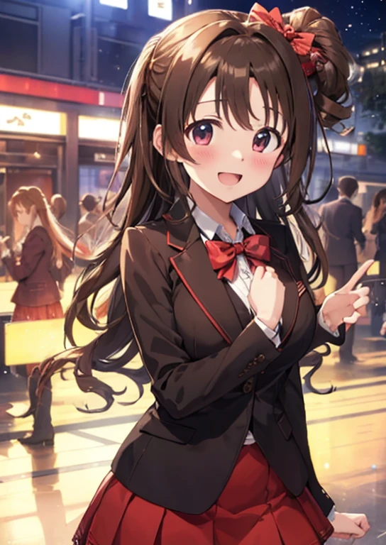shimamura uzuki (Idol Master), (highest quality, 8k, masterpiece, Very detailed:1.2), (Lens flare, Particles of light, Shine), Big Breasts, smile, Open your mouth, masterpiece, highest quality, Very detailed, High resolution, Very detailedなCG, , Red bow tie, blazer, Brown jacket, Long sleeve, Check skirt, Red Skirt , Embarrassing:1.1), (blush:1.2), Open your mouth, (shout:1.1), (Moving lines:1.1), masterpiece, highest quality, Very detailed, High resolution, Very detailedなCG, Official Art