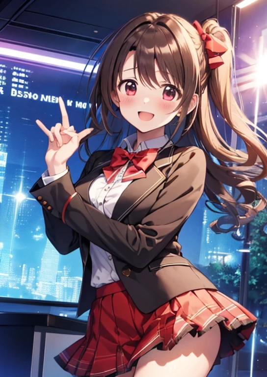 shimamura uzuki (Idol Master), (highest quality, 8k, masterpiece, Very detailed:1.2), (Lens flare, Particles of light, Shine), Big Breasts, smile, Open your mouth, masterpiece, highest quality, Very detailed, High resolution, Very detailedなCG, , Red bow tie, blazer, Brown jacket, Long sleeve, Check skirt, Red Skirt , Embarrassing:1.1), (blush:1.2), Open your mouth, (shout:1.1), (Moving lines:1.1), masterpiece, highest quality, Very detailed, High resolution, Very detailedなCG, Official Art