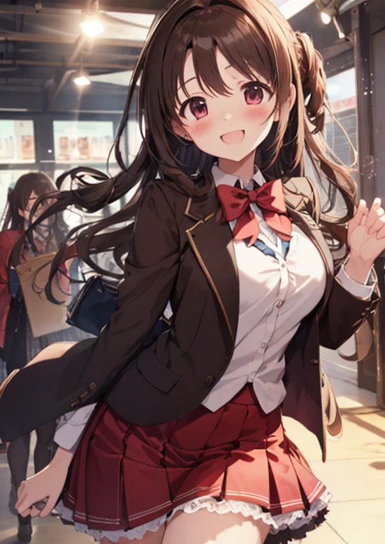 shimamura uzuki  (Idol Master), (highest quality, 8k, masterpiece, Very detailed:1.2), (Lens flare, Particles of light, Shine), Big Breasts, smile, Open your mouth, masterpiece, highest quality, Very detailed, High resolution, Very detailedなCG, , Red bow tie, blazer, Brown jacket, Long sleeve, Check skirt, Red Skirt , Embarrassing:1.1), (blush:1.2),  Open your mouth, (shout:1.1), (Moving lines:1.1), masterpiece, highest quality, Very detailed, High resolution, Very detailedなCG, Official Art