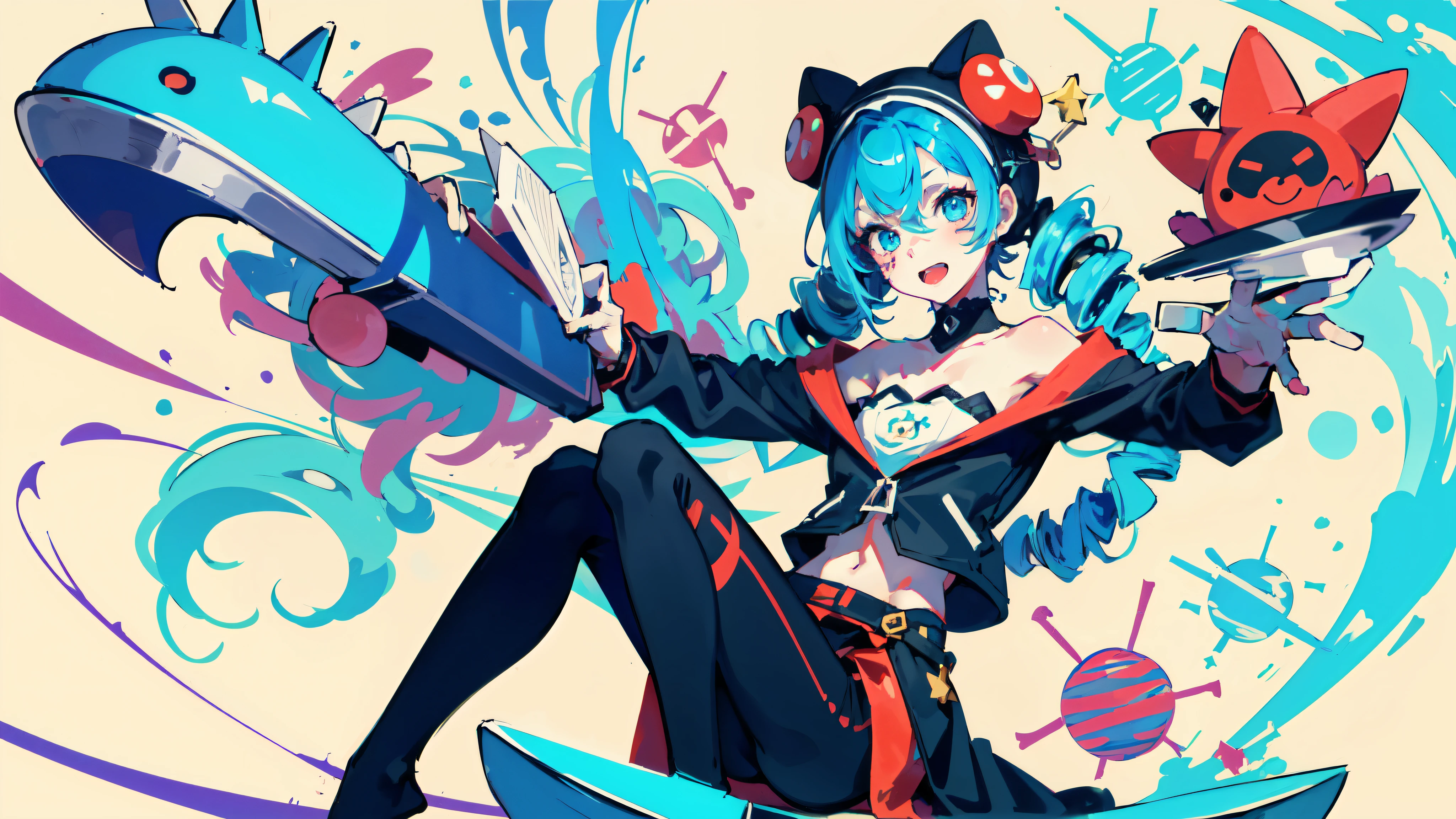 1 woman,alone, Masterpiece, best quality,full body shot,(Young woman wearing a clown costume:1.8),expression,(There is heavy makeup on the face.:1.8),Eerie laughter,perfect lighting, double tail, piercing hair, blue hair, blue eyes, Gwen,