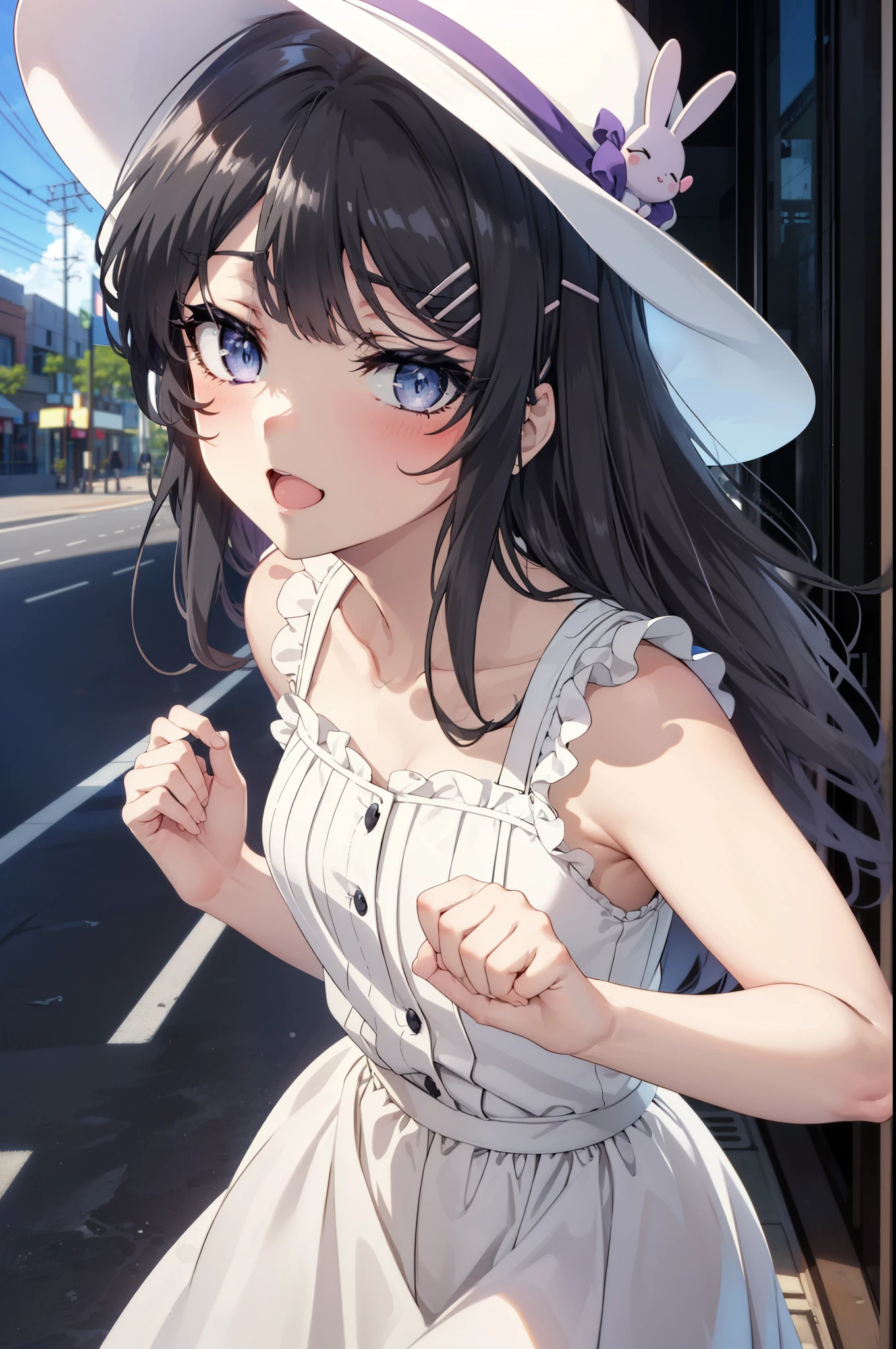 maisakurajima, Mai Sakurajima, Long Hair, bangs, (Black Hair:1.5), hair ornaments, (Purple eyes:1.1), Hair Clip, rabbit hair ornaments,time Daytime,sunny,Light of the sun,
happy smile, smile, Open your mouth,blush,White hat,Sleeveless dress,Long skirt,Cute heeled sandals,Clear skies,Daytime break looking at viewer,whole body, (Cowboy Shot:1. 5) , break outdoors, Building district,In town, break (masterpiece:1.2), highest quality, High resolution, unity 8k wallpaper, (shape:0.8), (Beautiful and beautiful eyes:1.6), Highly detailed face, Perfect lighting, Highly detailed CG, (Perfect hands, Perfect Anatomy),