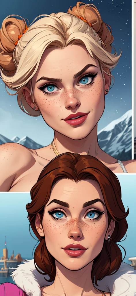 Beautiful GTa style pose in portrait mode Cartoon character in dynamic pose two women together with freckles on their faces Disney princess Queen Anna of Arendelle with 1,60cm on the left and along with a symmetrical body and beautiful breasts, corpo bem definido, delicado e sensual, estilo de desenho animado, digital illustration GTA style portrait mode