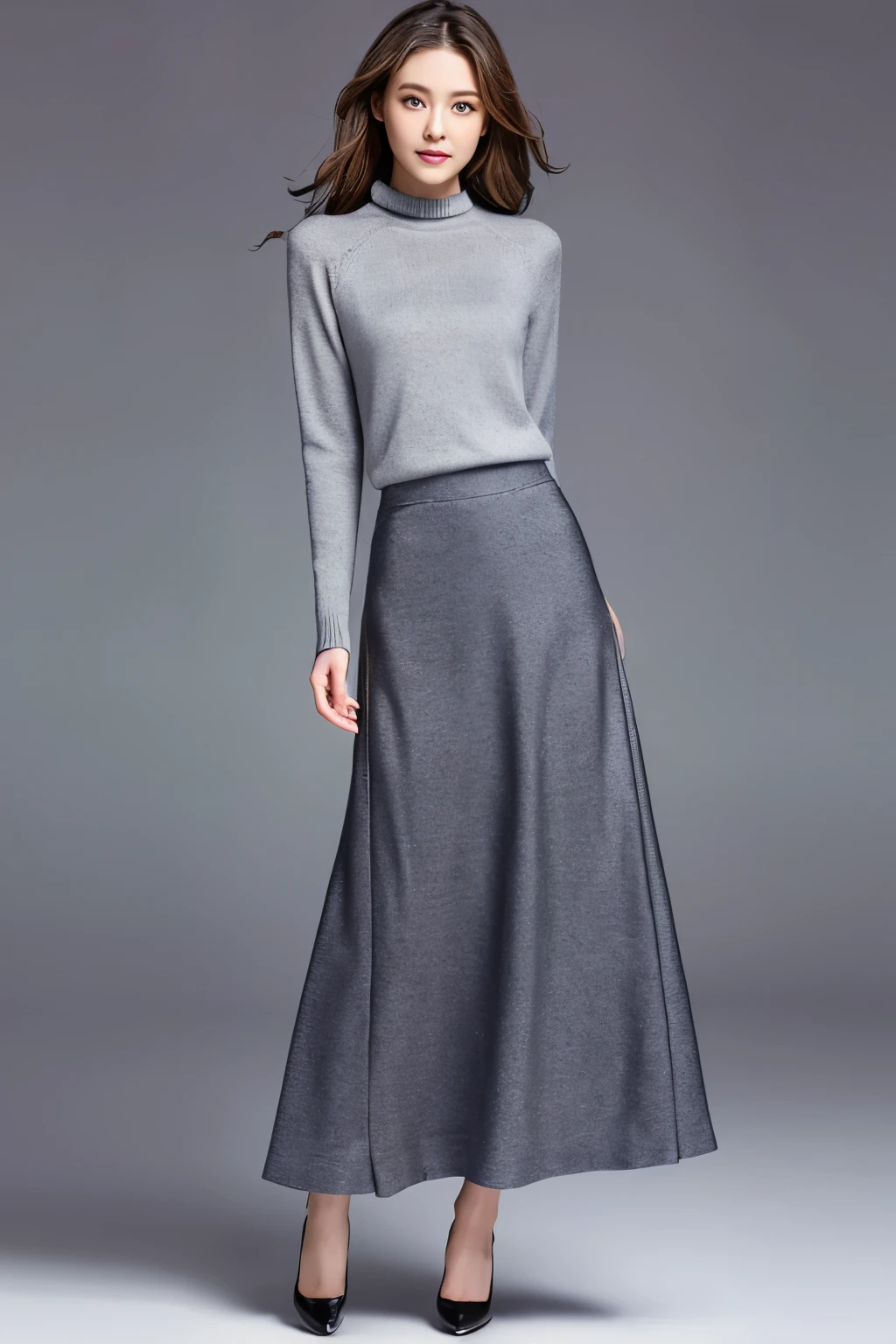 Fashion Model、Miraculous Appearance、Perfect Anatomy、Beautiful limbs、well-proportioned body、Gray background、Beautiful Eyes、sweater、Long skirt、
