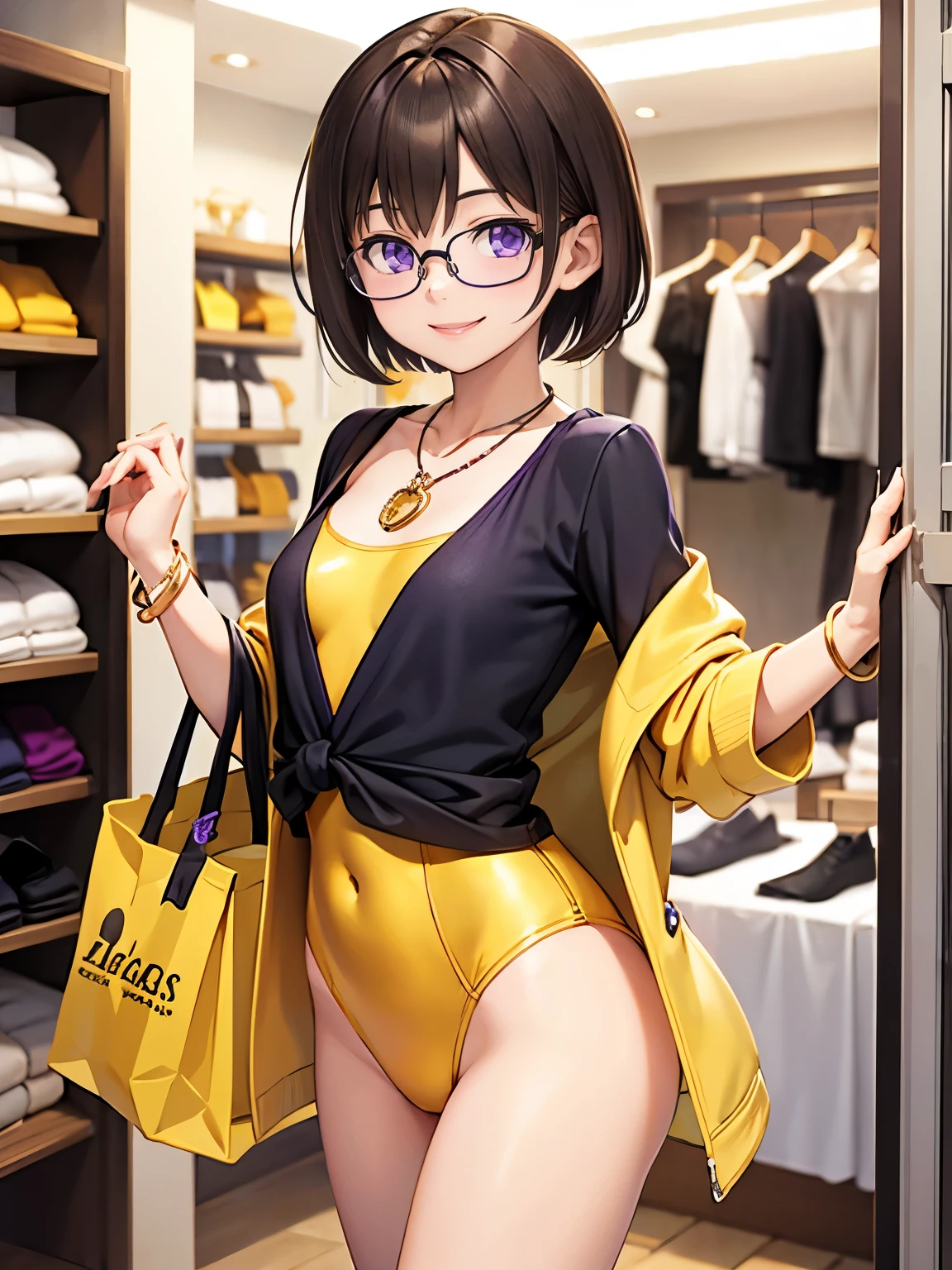 Purple eyes, yellow swimsuit, short, short hair, brown hair, no chest, golden necklace, clothing store, black glasses, smile, standing