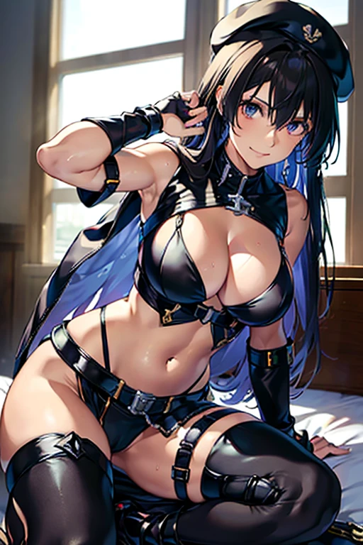 (Thynasha:1.2),dark blue hair,very long hair, purple eyes,(beautiful detailed eyes:1.0), extremely detailed face, perfect lighting, hair between eyes,bangs, (black beret, black jacket, open clothes, cleavage, midriff, black medium skirts,  black thighhighs, thigh strap, fingerless gloves, single glove:1.2), Photo,sharpness, F1.6 lens,hyper-realistic textures,spectacular light textures, Cinestil 800 Fashion Mechanics,(((Beautiful woman with left leg restrained by chains))),Appearance,Beautiful girl with accentuated slender abs: 1.1,six-pack abs: 1.1, Bust Botox,Standing on tiptoe, long legs,Long brown hair fluttering in the wind,Brown hair, Long hair, Female Warrior Costume,(No panties,No bra),(tacticul battle fashion,elbow and knee tacticul battle fashion, battle glove: 1.1),((cute batre costume)),The belly comes out and the navel is visible,Thin sheer costume, combat gloves,shredded costumes,cyber long combat boots with golden knee pads,Anatomical,(futuristic sci-fi battle fashion, new elbow and knee cyberpads, new cyberlong boots, new cybergloves: 1.1),(tied perfectly by iron chain:1.3), Restraint, Slave, collars, contempt, (Chained), 4 chains hung from heaven, Metallic shackles and fetters, wet crotch clearly visible,((Hands are restrained above the head)), the neck is chained,Chain from left knee to heaven,Chained by rusty iron chains,((the tip is protruding, areolas protruding,The shape of the pubic harearea is clearly visible:0.9)),Sweating,Wet,Wet crotch,Wet thighs,Junkyard, Realistic, (cute, perfect clothes, skimpy clothes, cute: 1.3) ,Vast miritary base in us,((wide mirtary hospital with summer sunlight)), peeling ceilings, Rebar between, Realistic material details, Extreme details, Ultra-realistic materials,narrow waist,(with sparkling eyes and a contagious smile:0.9),looking at viewer,
